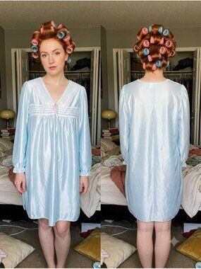 Vintage 80s Featherbed Blue Satin Nightgown Medium Lace Trim Pajama Dress Flawed